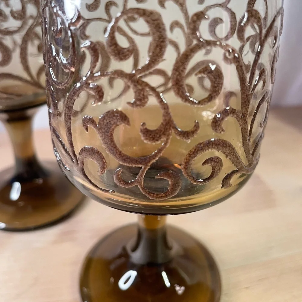 Pair of Vintage Libbey Prado Tawny Brown Raised Scroll Wine Glasses 5.5 inches